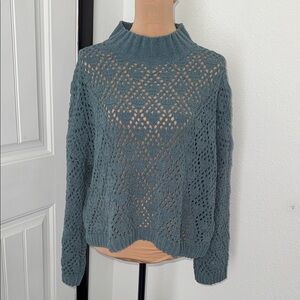 POL Open-Knit Mock Neck Sweater in Teal Blue